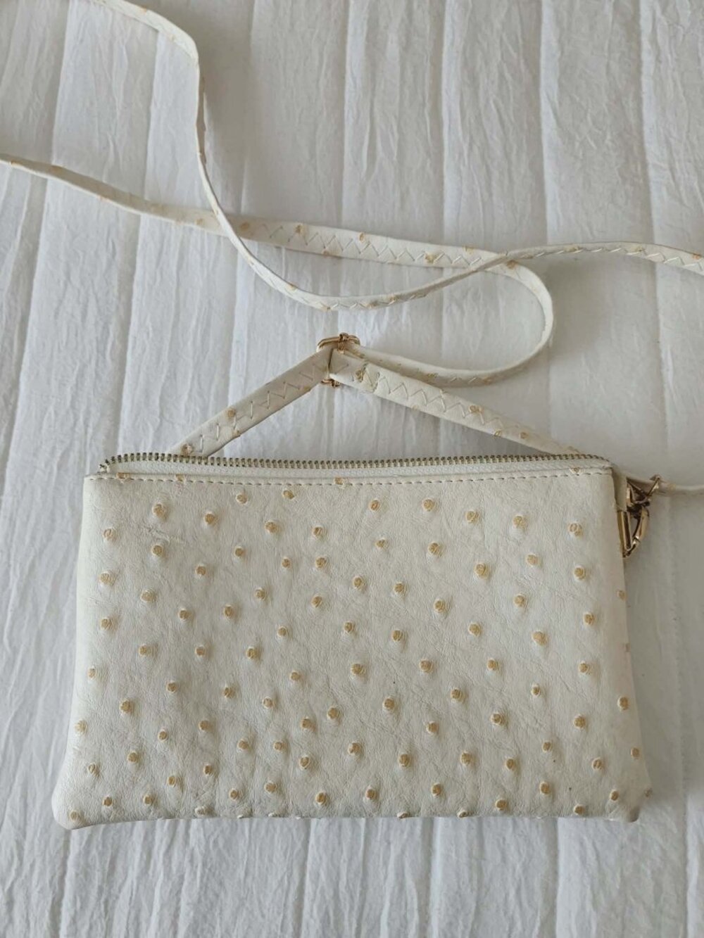White Ostrich Embossed Crossbody Clutch Purse Adjustable Strap